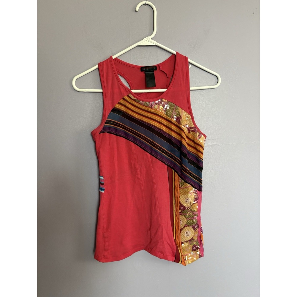VTG Y2K Custo Barcelona Tank Top Red Sequins Mixed Media Artsy Summer Festival S